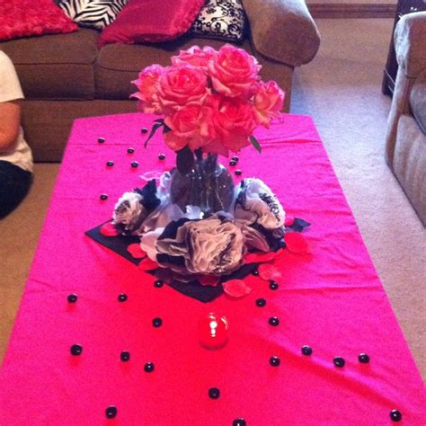 Coffee table decor for black, white, and hot pink themed party. | Pink themed party, 16th bday ...