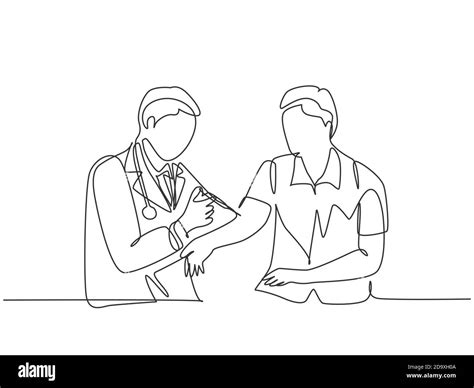 Single continuous line drawing young male doctor giving vaccine ...