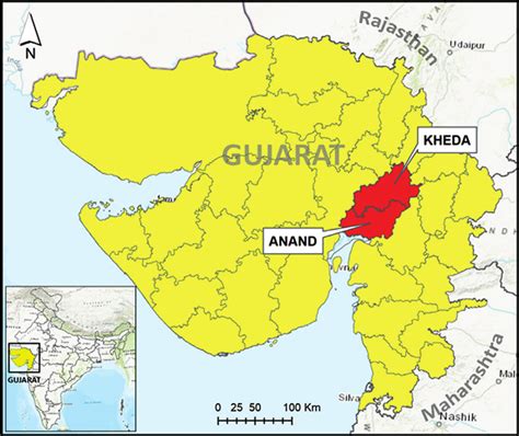 Study area: Yellow highlighted area in the country map is Gujarat (one... | Download Scientific ...