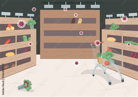 Empty supermarket flat color vector illustration. Grocery store on quarantine 2D cartoon ...