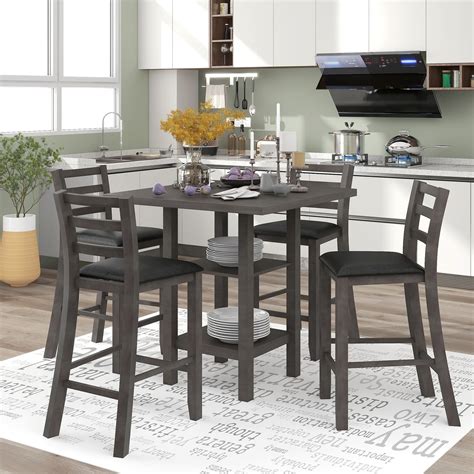 SKYLAND 5 Piece Wooden Counter Height Dining Set, Square Dining Table ...