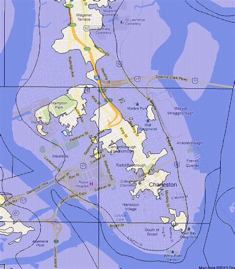 Flood zones and flooding in Downtown Charleston