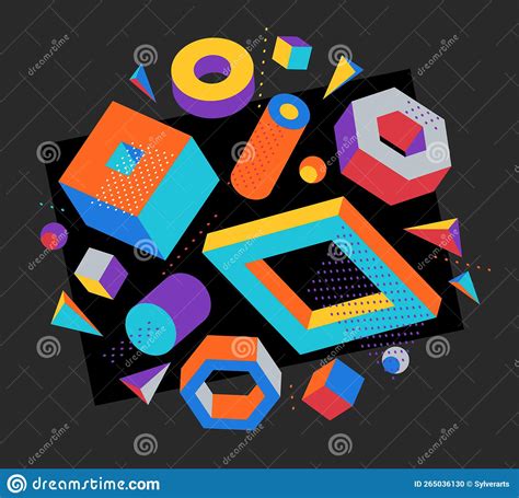 Colorful 3D Shapes Vector Composition on Dark Background, Bright ...