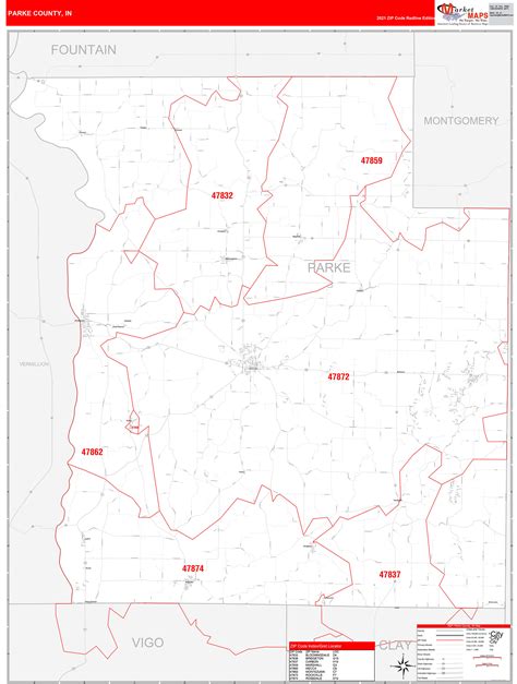 Parke County, IN Zip Code Wall Map Red Line Style by MarketMAPS - MapSales