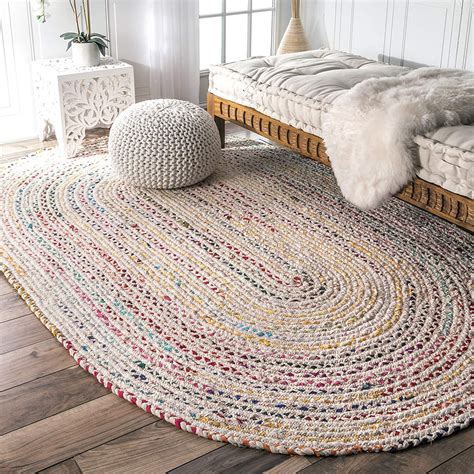 White Multicolored Cotton Hand Braided rug with Oval shape | Etsy