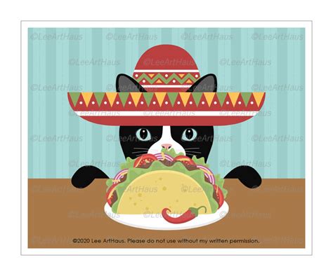 735D Cat Art Black and White Cat Eating Taco Wall Art Taco | Etsy