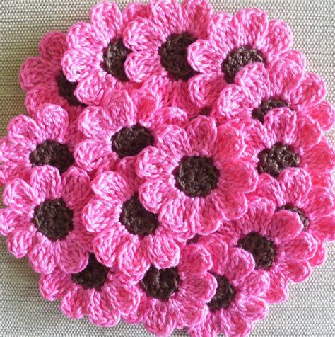 Pink Crochet Flowers, Daisies, 16 Small Handmade Appliques, Candy Pink ...