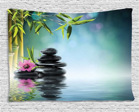 Zen Garden Tapestry, Pink Flower Spa Stones and Bamboo Tree on the ...