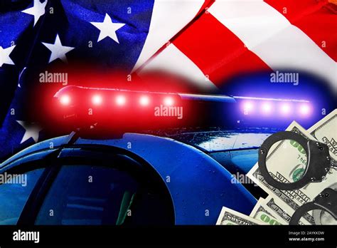 Blurred defocused silhouette of Road police patrol car with lightbar alarm emergency, dollar ...