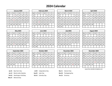 Printable yearly calendar 2024 with US holidays | Free-calendar-template.com