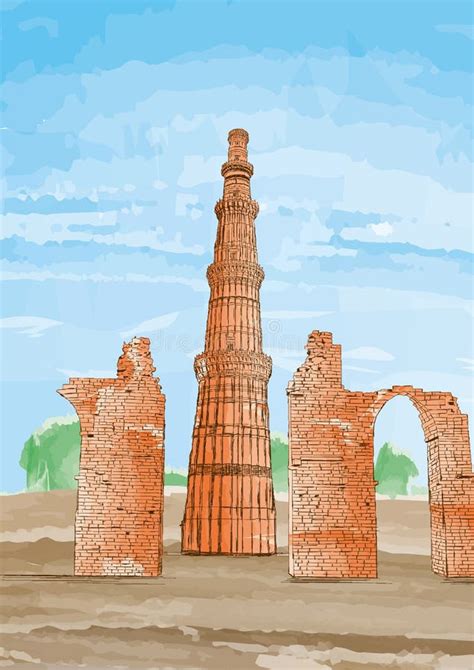 Hand Drawn Qutub Minar, New Delhi, India - Vector Stock Vector - Illustration of architecture ...