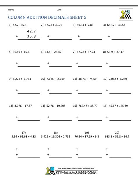 5th Grade Math Worksheets Decimals