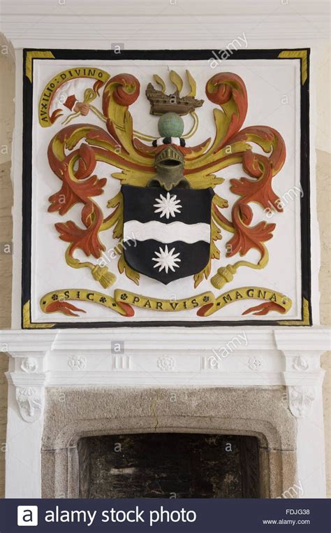 The coat of arms of Sir Francis Drake on the plaster overmantel in the ...