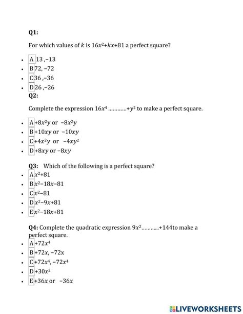 Worksheet: Factoring Perfect Square Binomials and Trinomials ...