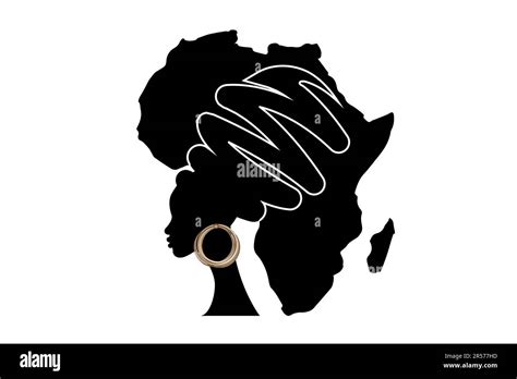 Africa Motherland, African woman portrait in ethnic turban, silhouette, Africa continent map ...
