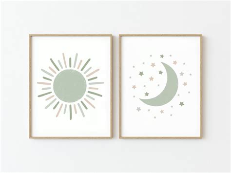 Sun Moon and Stars Green Nursery Decor Wall Art Prints Gender - Etsy