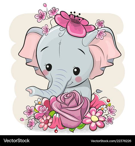 Cartoon elephant with flowerson a white background