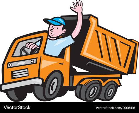 Dump truck driver waving cartoon Royalty Free Vector Image