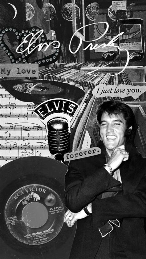 elvis presley holding his record in front of an old sheet music collage with elvis's name on it