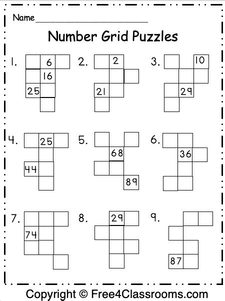 Number Grid Puzzles - Free Worksheets - Free4Classrooms