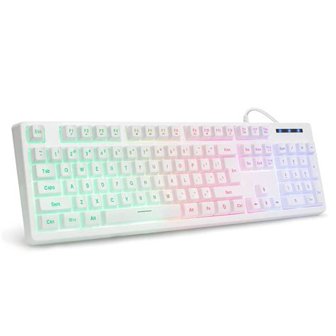 White Gaming Keyboard USB Wired with Rainbow LED Backlit, Quiet Floating Keys, Mechanical ...