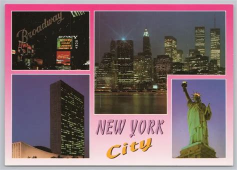 STATUE OF LIBERTY~CITY Lights On World Trade Center~NY~Plastichrome~Continental $1.35 - PicClick