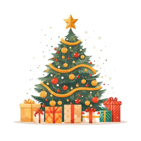 Flat Illustration With Decorated Christmas Tree And Christmas Gifts ...