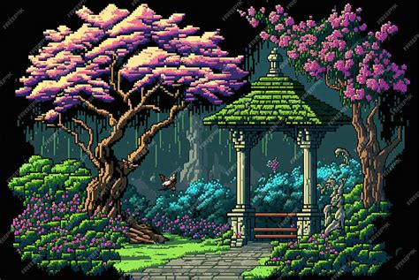 Premium AI Image | Pixel art fantasy garden in magic forest mystical garden background in retro ...