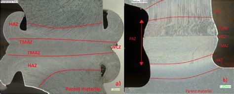 Heat affected zones a) friction butt welding, b) low pressure friction... | Download Scientific ...