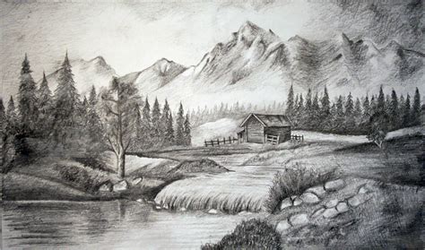 a pencil drawing of a cabin in the mountains with a river running between it and trees