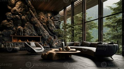 Interior Design, Living room with serene nature view, Beautiful mansion design in the forest, AI ...