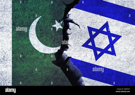 Israel vs Pakistan concept flags on a wall with a crack. Pakistan and ...