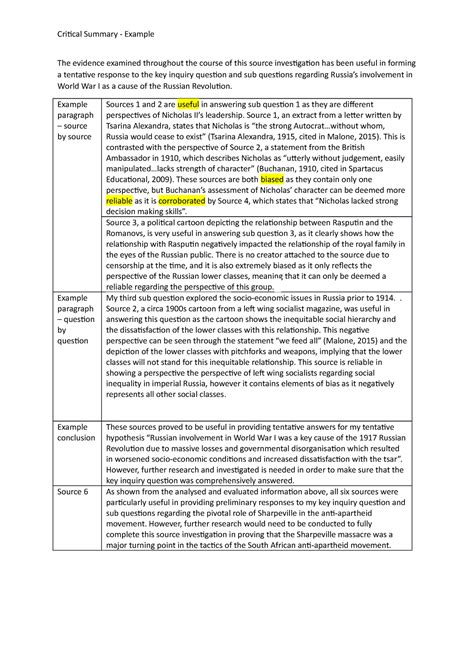 Critical Summary - example paragraphs - Critical Summary - Example The evidence examined ...