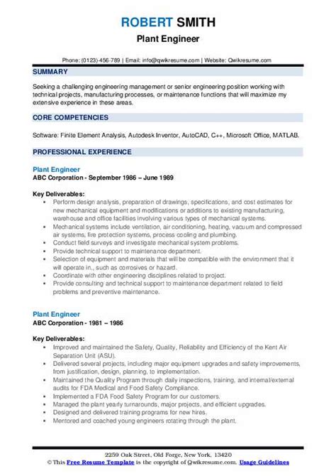 Plant Engineer Resume Samples | QwikResume