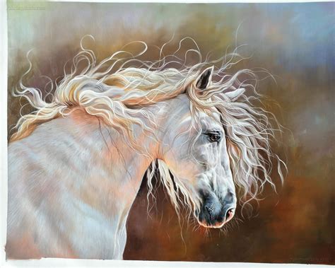 The Head of Beautiful White Horse - Horses - Animals Paintings