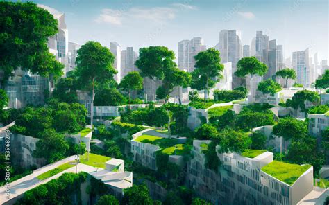 Futuristic city concept of ESG green buildings and offices filled with ...