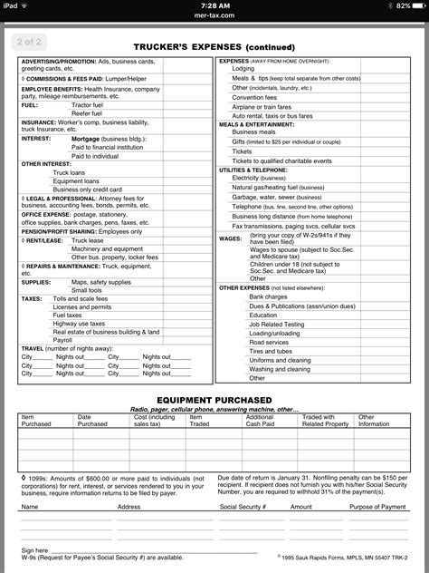 Printable Truck Driver Expense Owner Operator Tax Deductions Worksheet