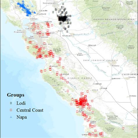 The three wine-grape growing regions and approximate locations of ...