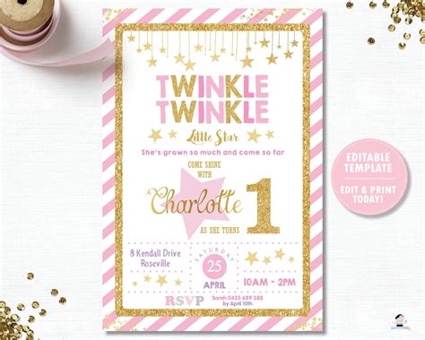 Twinkle Twinkle Little Star Pink and Gold 1st Birthday Party Invitatio – The Happy Cat Studio