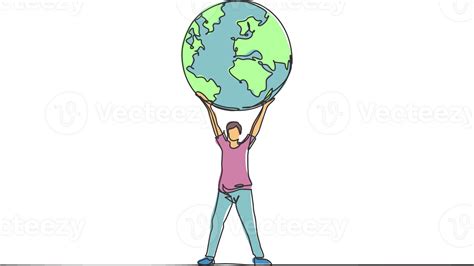 Continuous one line drawing of man holding globe earth minimalist ...