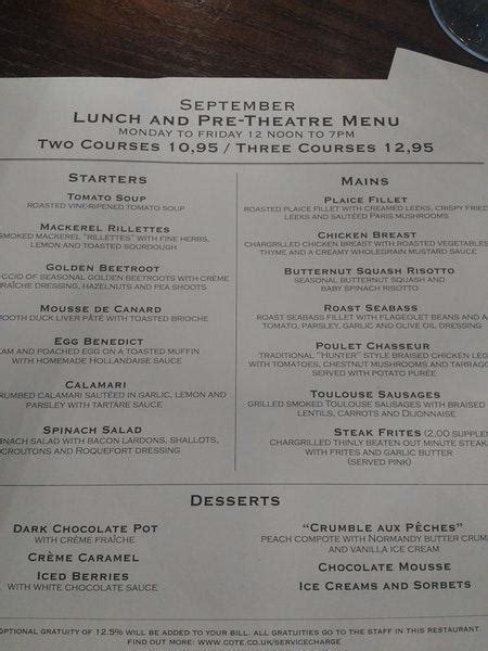 Menu at Côte Chichester restaurant, Chichester