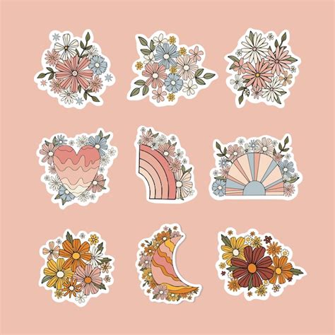 Premium Vector | Cute flowers stickers in pastel color blue, pink ...