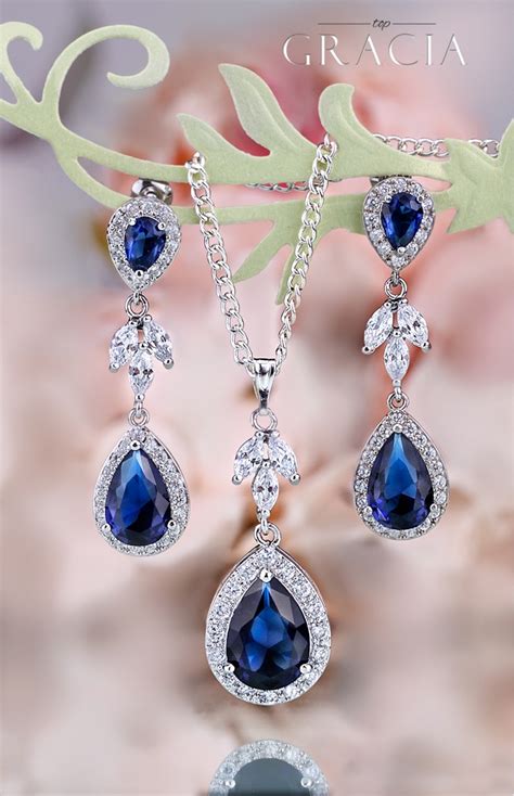 MYRINE Sapphire Blue Jewelry Set Gift Navy Royal Blue Bridal Teardrop Earrings Necklace by TopGracia