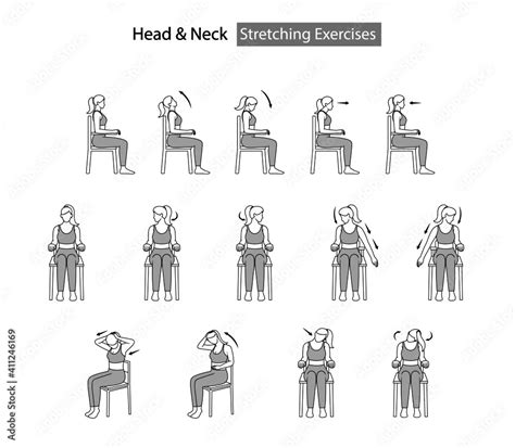 woman sit on chair self stretching exercise, head and neck stretching exercise with arrow ...