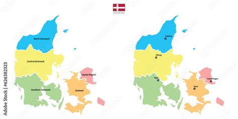 Two Denmark maps background with regions, region names and cities in ...