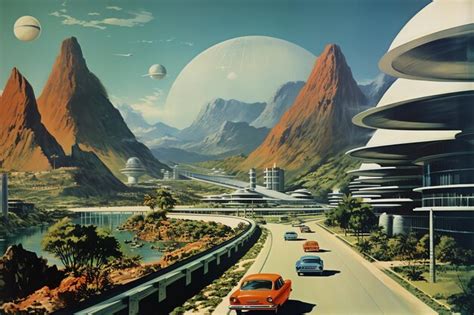 Premium Photo | Retro futurism city with mountain and outer space planet