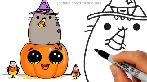 how to draw so cute pusheen cat pumpkin and candies for halloween ...