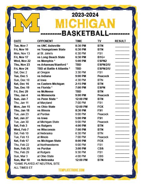 Printable 2023-2024 Michigan Wolverines Basketball Schedule