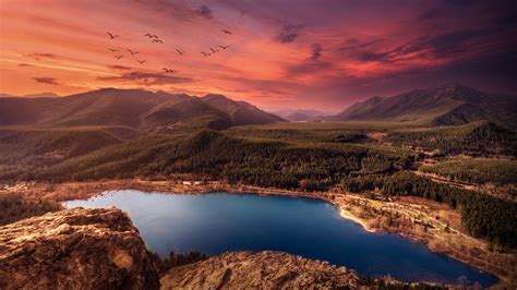 Scenic Wallpaper 4K, Sunset, Lake, Mountains