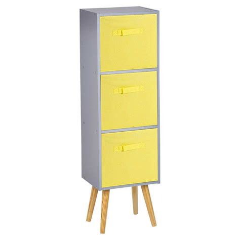 a yellow and grey cabinet with three drawers on it's legs in front of a white background